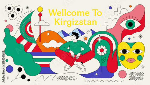 Welcome to Kyrgyzstan - Abstract Modern Art Design with Traveler Silhouette