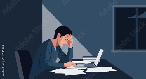 Stressed Person Working Late At Night On Laptop
