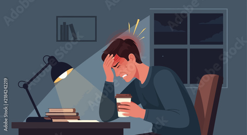 Stressed Student Studying Late Night Under Desk Lamp