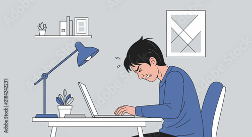 Stressed Student Studying Late Working Overtime Desk Lamp Focused Intense Concentration