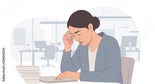 Stressed Woman At Desk In Office Feeling Overwhelmed By Workload