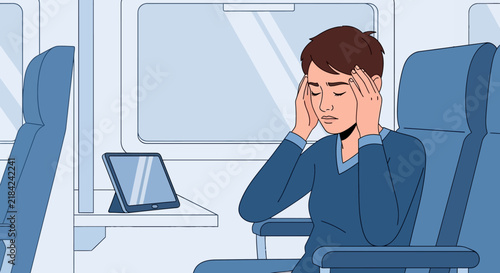 Stressed Woman Holds Head While Traveling On Train With Tablet