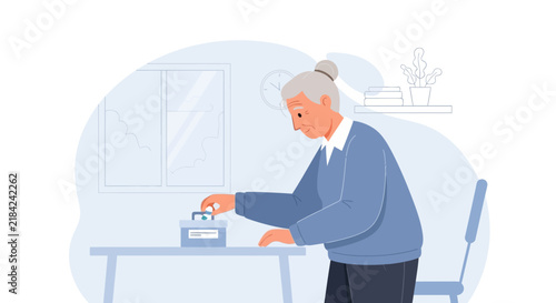 Senior Woman Contributes To Charity Collection Box Inside A Cozy Home Environment