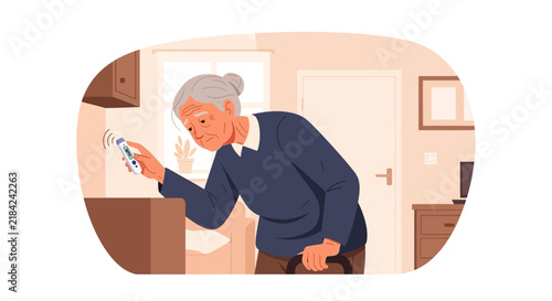 Senior Woman Checking Temperature with Digital Thermometer At Home