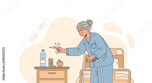 Senior Woman Checking Temperature With Thermometer While Using Walker