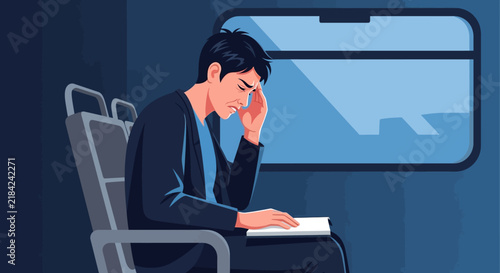 Struggling Man With Headache On Public Transportation Facing Difficulties