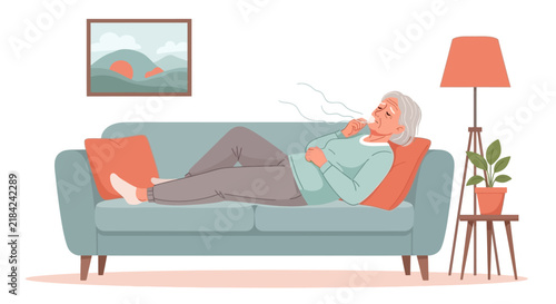 Senior Woman Coughing On Sofa With Illness Symptoms