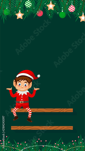 Elf on the shelf christmas background template with festive borders on dark green backdrop