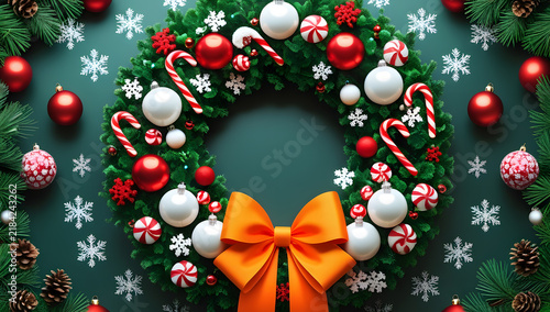 Glossy Digital Christmas Wreath Design with Bright Ornaments and Winter Accents