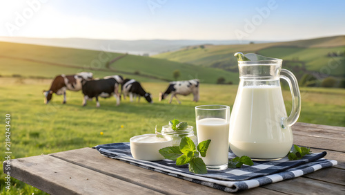 Fresh Farm Milk Display on Checkered Cloth with Grazing Cows