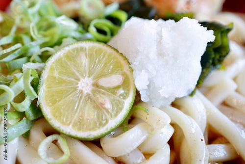 Plakat 徳島県産すだちを添えたうどん。青ねぎと大根おろし。