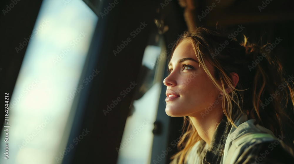 Fototapeta premium Profile portrait of a young woman looking out of a window. Smiling female passenger in warm natural light. Contemplation and travel concept
