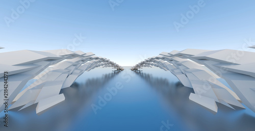 Foto Abstract futuristic white structural arches forming a symmetric path over a refl