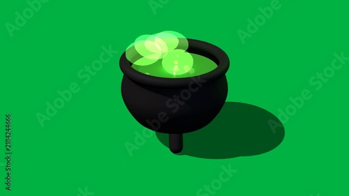 3D Isometric Witch Cauldron with Bubbling Green Potion