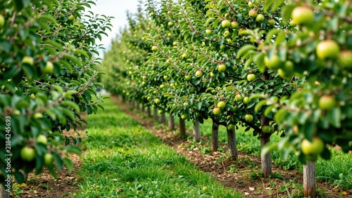 Lush apple orchard with rows of green apple trees bearing fruit, vibrant leaves, and well-maintained soil under bright natural sunlight