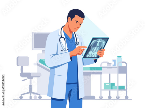 Modern Doctor Examining X-Ray on Tablet in Clinic Setting