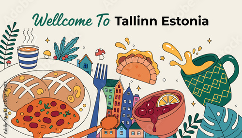 Welcome to Tallinn Estonia: Traditional Food and Cityscape Illustration. Flat Design with Folk Art Elements.