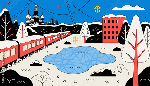 Winter Train Journey in Moscow Cityscape: Flat Design Illustration with Snow, Ice, and Red Train