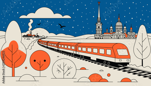 Winter Train Journey Through Iconic Russian Cityscape with Stars in Night Sky