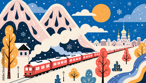 Winter Train Journey Through Snowy Mountains and Cozy Town at Sunset