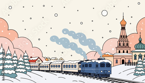Winter train journey through snowy village with traditional architecture and falling snow
