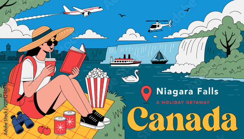 Woman Reading Book on Picnic Blanket with Niagara Falls Canada Landmark View