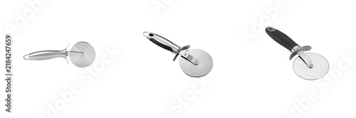 Obraz na płótnie Stainless steel pizza cutters isolated on white background, sharp rolling wheel