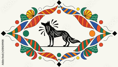 Stylized Wolf Illustration with Geometric Border and Vibrant Pattern