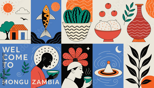 Vibrant African Collage: Zambia Culture, People, Food & Nature, Flat Vector Art