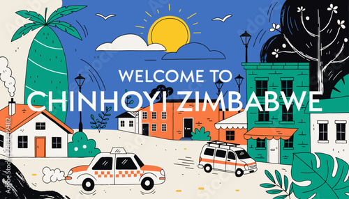 Welcome to Chinhoyi, Zimbabwe - Illustrated Cityscape with Taxi and Van Under Sunny Sky