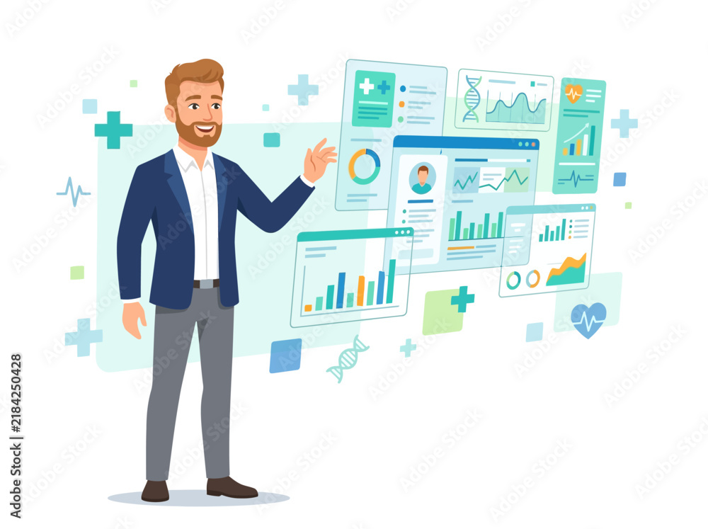 Fototapeta premium Man Presenting Medical Data Analytics And Futuristic Healthcare Technology