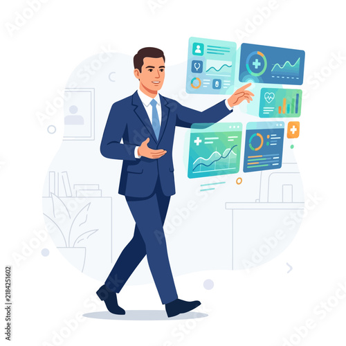 Man Interacting With Futuristic Digital Dashboard Displays Showing Health Data