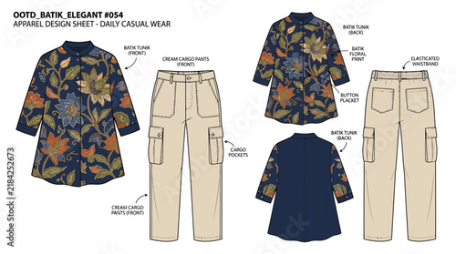 Fashion Design Sheet Featuring Floral Batik Tunic and Cargo Pants