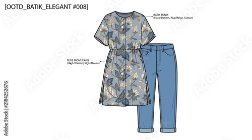 Fashion Illustration of Batik Tunic and Blue Denim Jeans