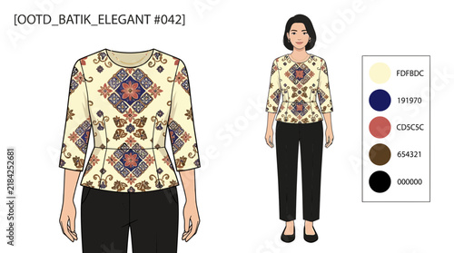 Elegant Batik Blouse and Black Trousers Fashion Illustration