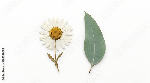 White Daisy Flower and Green Leaf on White Background