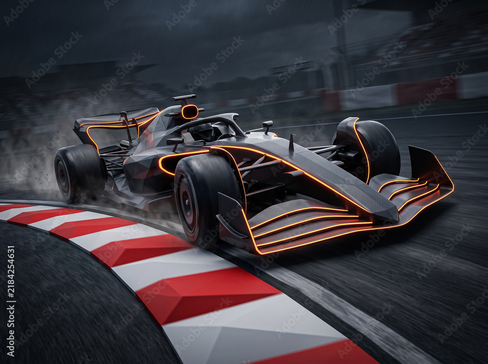 Obraz premium futuristic formula one racing car with orange neon lines drifting on a wet track with smoke