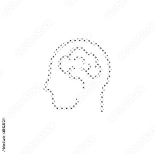 Minimalist human head profile with brain icon, dotted line vector illustration of mental health and psychology, creative thinking and intelligence concept