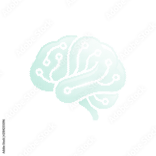 Artificial intelligence brain icon with digital circuit lines, mint green human brain vector, neural network and machine learning concept illustration
