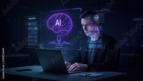 Male software developer working on artificial intelligence project with glowing brain neural network interface on laptop in dark office