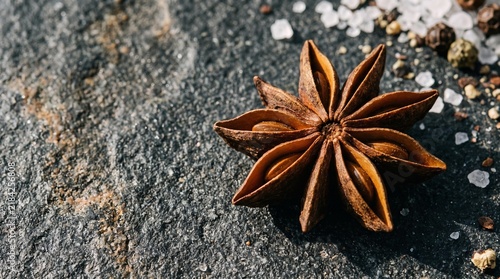 Intricate star anise pod, showcasing its natural brown texture on a dark rustic stone, with salt and peppercorns, highlighting culinary spices and their raw beauty