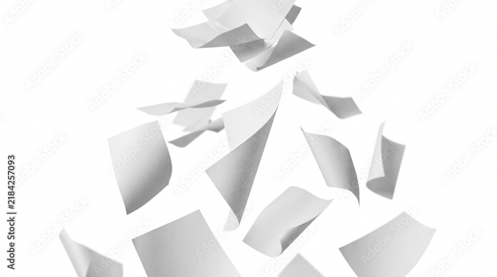 Obraz premium Scattered White Papers Falling in Air Against White Background