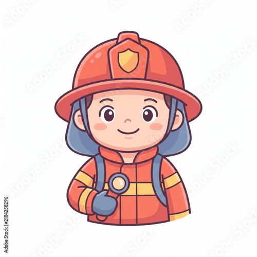 Cute firefighter holding hose wearing red helmet and protective uniform cartoon vector illustration isolated on white background. 