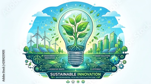 Vibrant Sustainable Innovation Concept with Light Bulb Tree and Green City