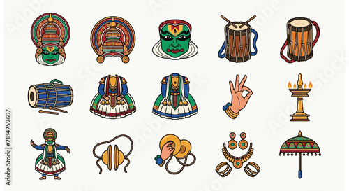 Kerala Culture and Kathakali Dance Icon Set - Traditional Indian Folk Art Elements
