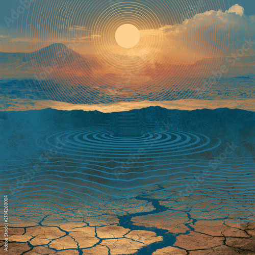 Surreal dreamlike Desolate Land depicts dying world with parched cracked earth contrasted against vibrant ocean and sky.