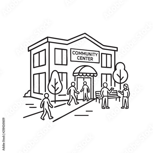 community center building black outline art vector icon featuring public, space