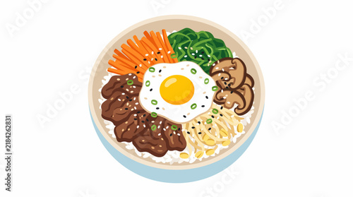 A bowl of bulgogi with marinated beef, rice, vegetables, sesame seeds, and green onion, arranged in a colorful and appetizing flat composition.