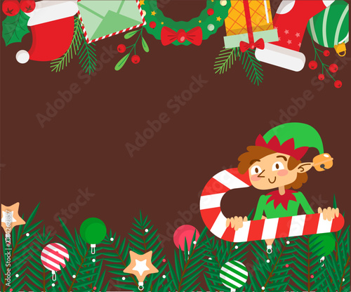 Elf on the shelf christmas card template with giant candy cane on brown background