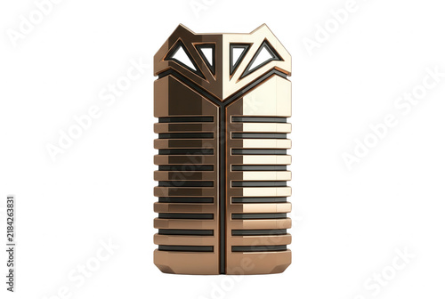 Objeto decorativo abstrato de metal dourado com design geométrico moderno e texturas em relevo isolado sobre um fundo branco limpo para design de luxo